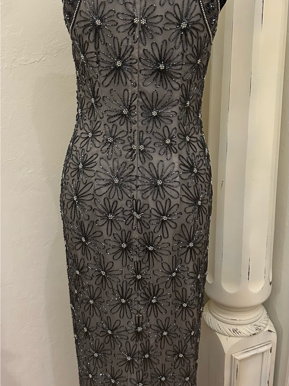 Adrianna Papell Black Beaded Floral Sheath Dress